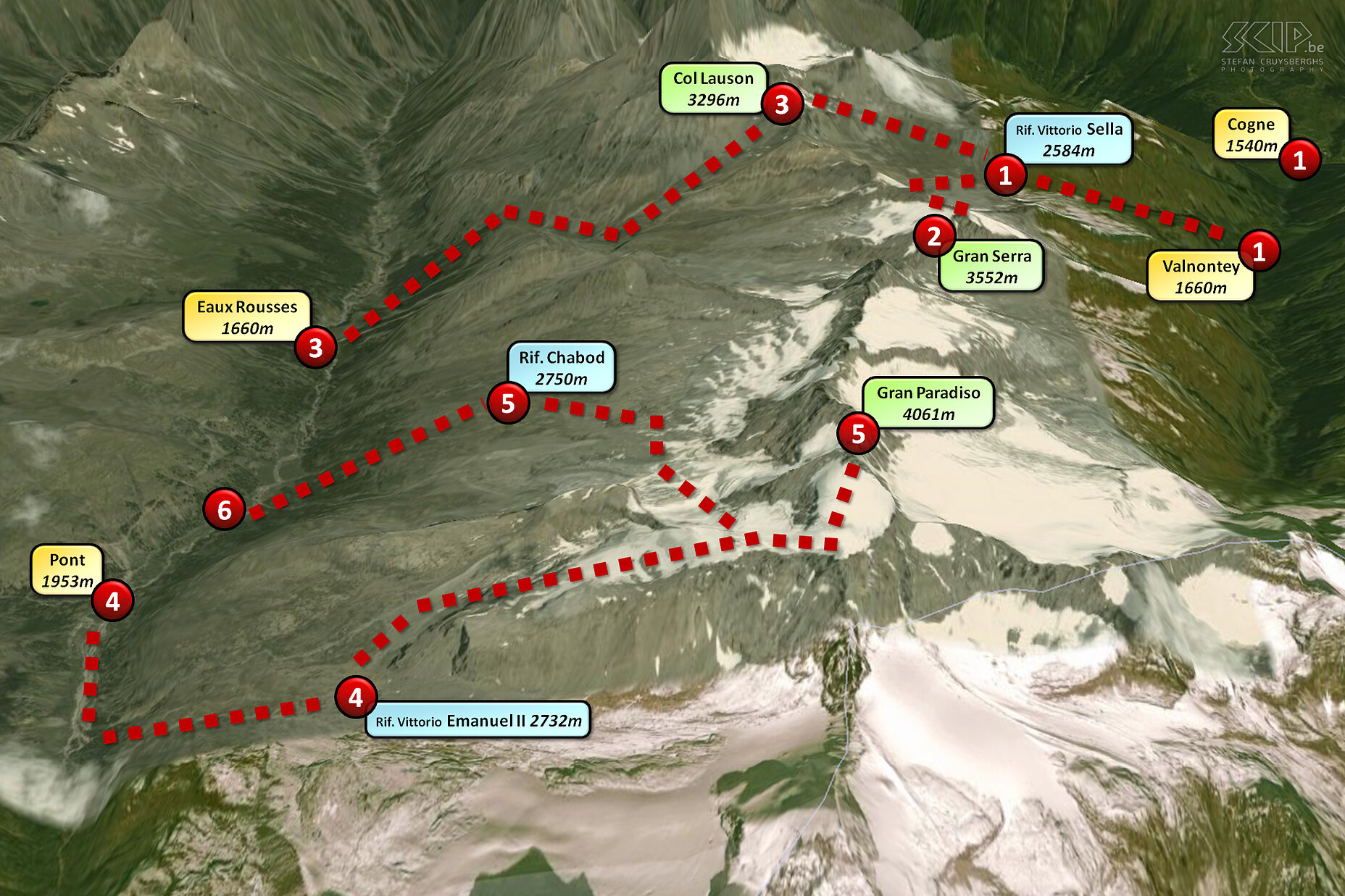 Map In July 2009 I did a 6-day hike trip with 8 friends and 2 mountain guides in the national park Gran Paradiso in the Italian Alps. The park is characterized by the different high summits with glaciers and there are still a lot of marmots, chamois and rock-goats which live there. We climbed the 2 mountains, the Gran Serra (3552m) and the Grand Paradiso (4096m), the highest mountain in Italy.<br />
 Stefan Cruysberghs